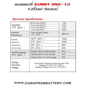 สเปคแบตเตอรี่ up สำรองไฟ sunny 12V5Ah