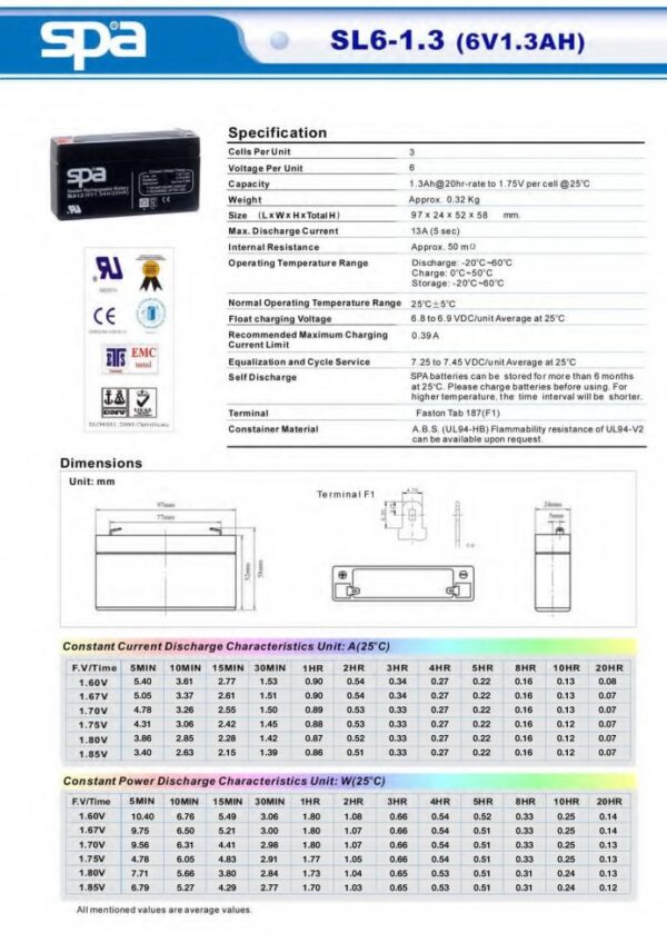 สเปคแบตเตอรี่ SPA 6V 1.3Ah