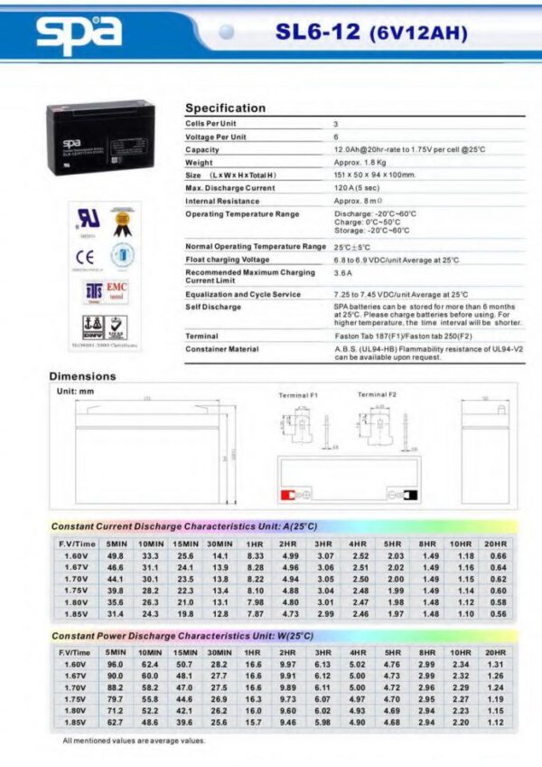 แบตเตอรี่ SPA SL6-12 (6V 12AH)