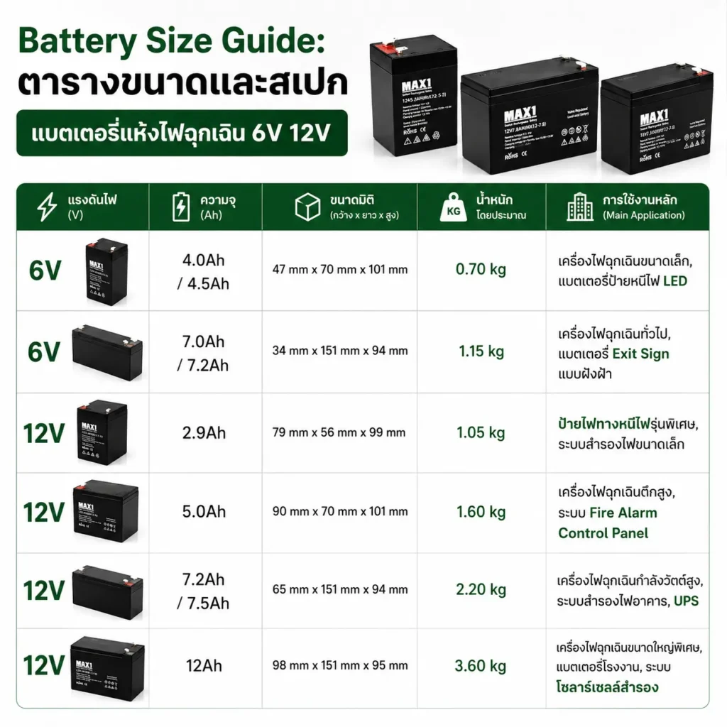 ตารางขนาดและมิติ แบตเตอรี่แห้งไฟฉุกเฉิน 6V 12V สำหรับอาคารโรงงาน