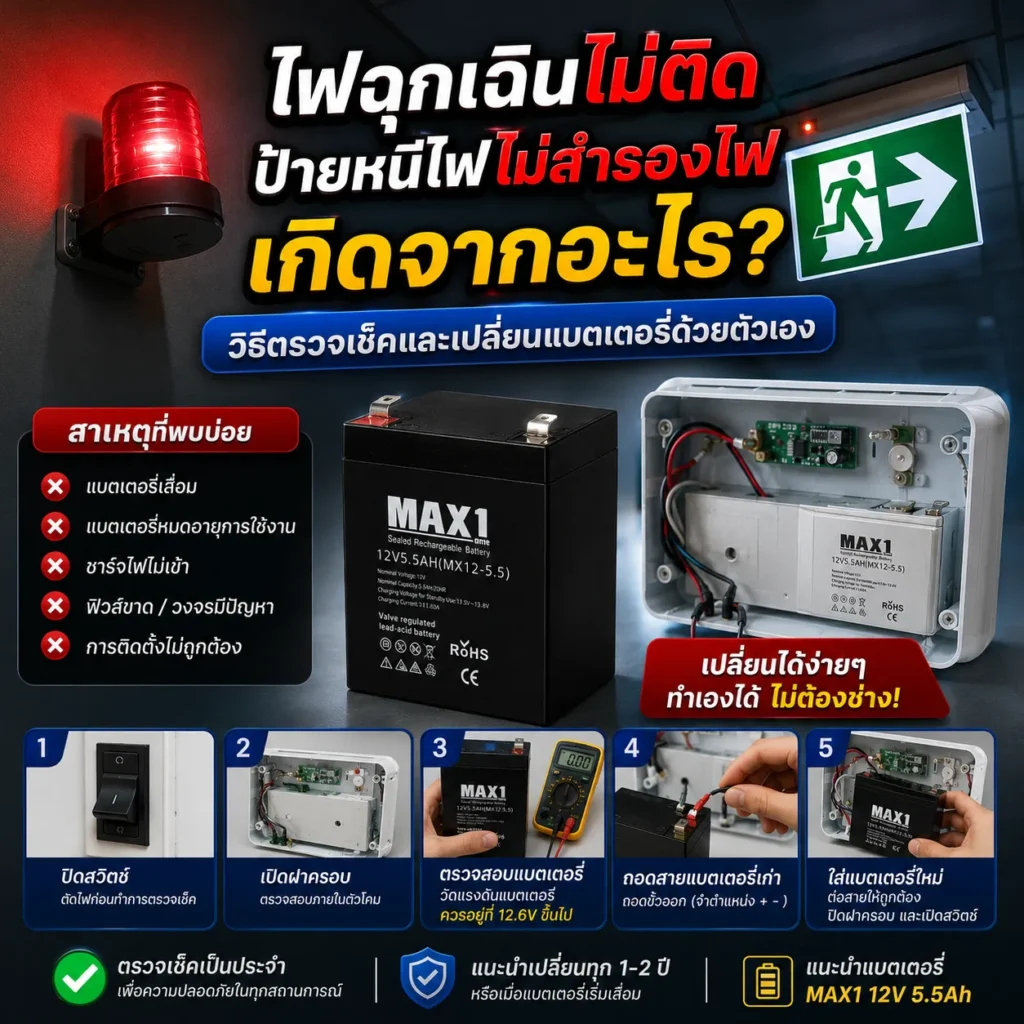 ไฟฉุกเฉินไม่ติด ป้ายหนีไฟไม่สำรองไฟ