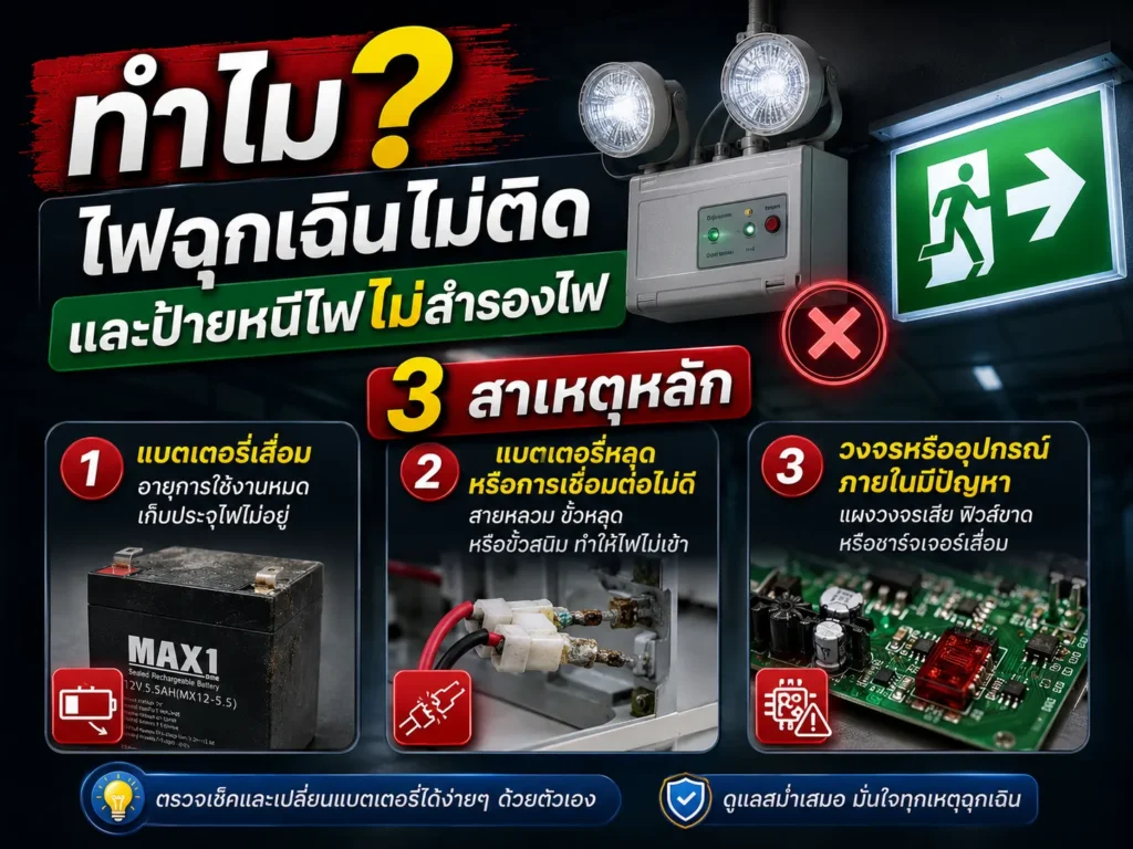 ทำไมไฟฉุกเฉินไม่ติด และป้ายหนีไฟไม่สำรองไฟ? (3 สาเหตุหลัก)