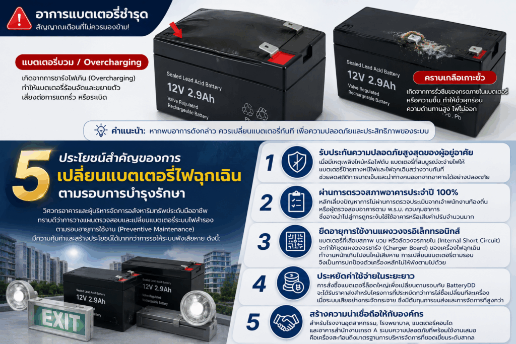 แบตเตอรี่ไฟฉุกเฉินบวมจากการชาร์จไฟเกินหรือความร้อนสะสม